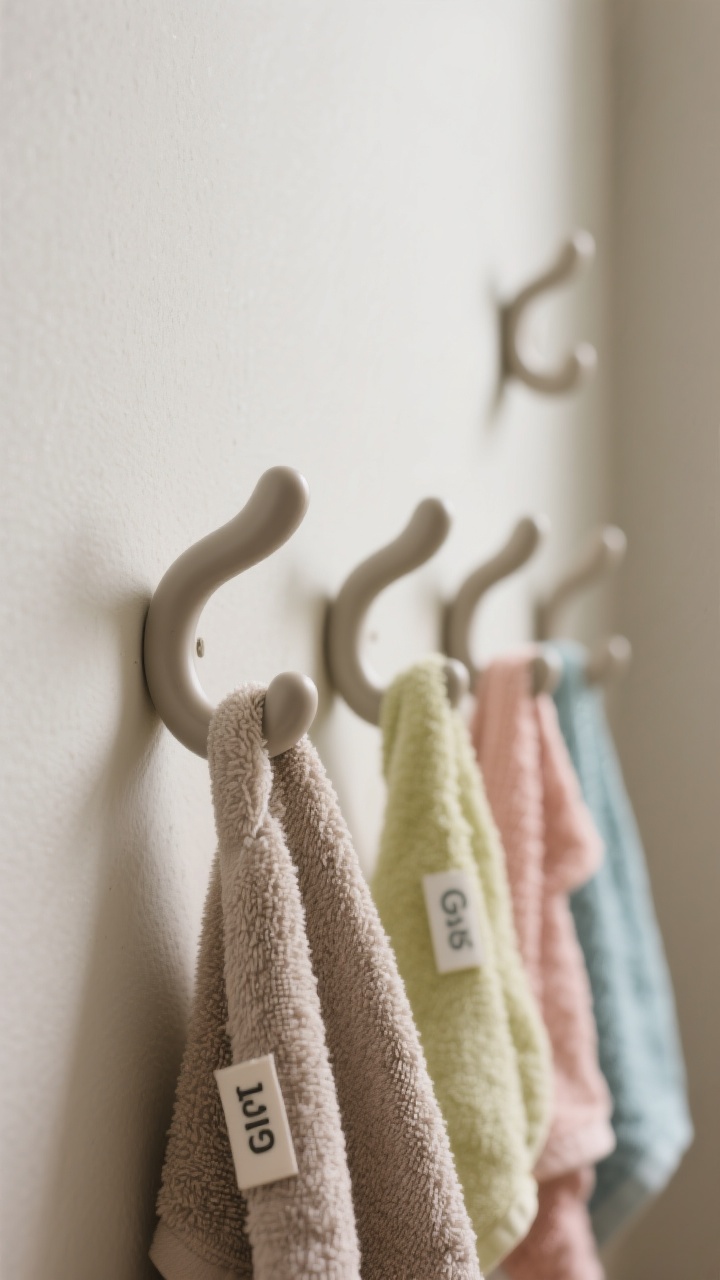 Photorealistic closeup detail of kid-height towel hooks on a painted wall: wide, rounded matte hooks arranged in a row, each with a single towel in different colors and a small initial label tag. One additional higher hook for guests is visible at the edge of frame. Focus on the curve of the hooks being gentle on fabric, soft shadowing, neutral wall color, tactile towel textures, shallow depth of field, straight-on macro perspective.