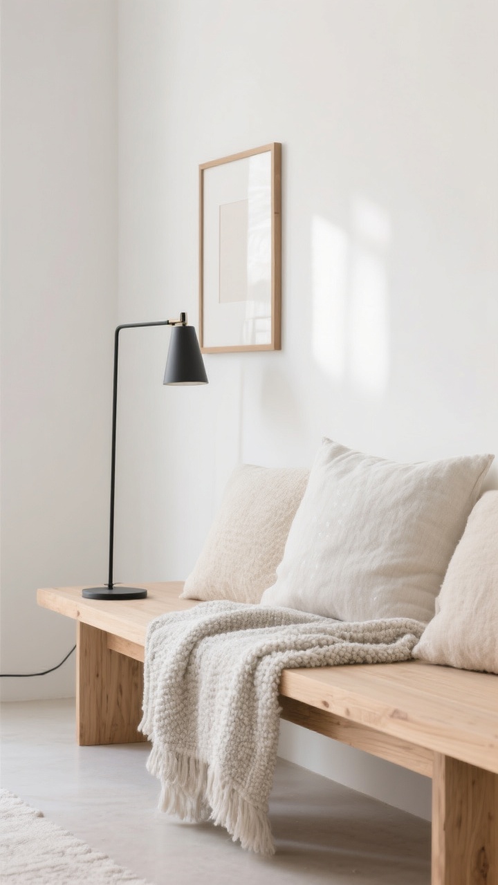 Photorealistic closeup detail of texture and contrast on a light palette: soft white wall with creamy beige and pale gray textiles (linen and boucle) layered on a slim wood bench in light oak; a black or charcoal metal lamp and thin black picture frame add crisp contrast; subtle grain of repeated light oak wood tone visible; diffused daylight for soft shadows; tight framing to highlight materials and cohesion