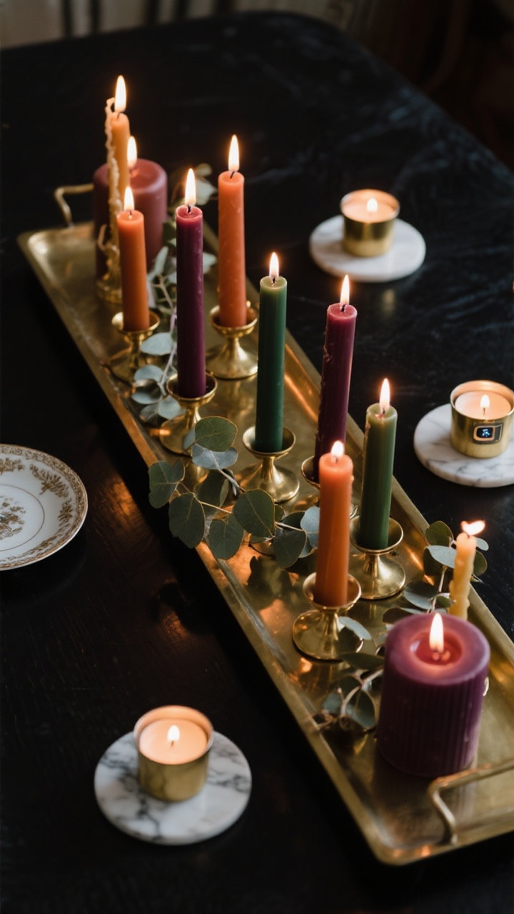 Photorealistic closeup/detail, overhead angle of a moody candle cluster on a long tray, showing staggered candle heights in amber, rust, forest green, and deep plum. Mix of tapers, pillars, and tea lights; dripless tapers in brass holders, some tapers resting on marble coasters and vintage saucers. A few eucalyptus stems woven between for softness. Include a couple of discreet battery-powered votives for added glow. Low-light, warm candlelit ambience with gentle reflections on brass, dark tabletop background.