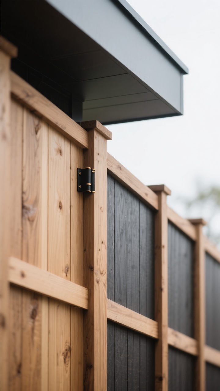 Photorealistic closeup detail shot at a slight corner angle of a Japanese-inspired board-on-board fence: vertical cedar boards mounted on both sides of rails in a staggered layout so gaps are covered from either angle; a floating cap rail with a slim shadow gap beneath it; discreet black/bronze hardware; two finish options visible across panels—one in soft charcoal semi-transparent stain for drama, one in clear natural oil showing the cedar grain; serene, crafted vibe with precise joinery and even rhythm; soft overcast daylight accentuating texture
