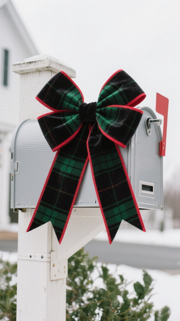 Photorealistic closeup detail shot focused on an oversized wired ribbon bow (10–14 inches) mounted just below a mailbox box on the post. The bow layers two ribbons: classic red-and-green plaid beneath rich black velvet, with dramatic 18–24 inch tails finished in V-cuts. Attachment shows a Velcro strap and discreet zip ties around the post; a tiny hint of removable outdoor-safe adhesive keeps it from sliding. Surroundings are minimal with a few subtle greens for chic simplicity. Slight breeze implied in ribbon flow, overcast winter daylight for soft, even lighting, tight framing from a three-quarter angle, mailbox door and flag unobstructed.
