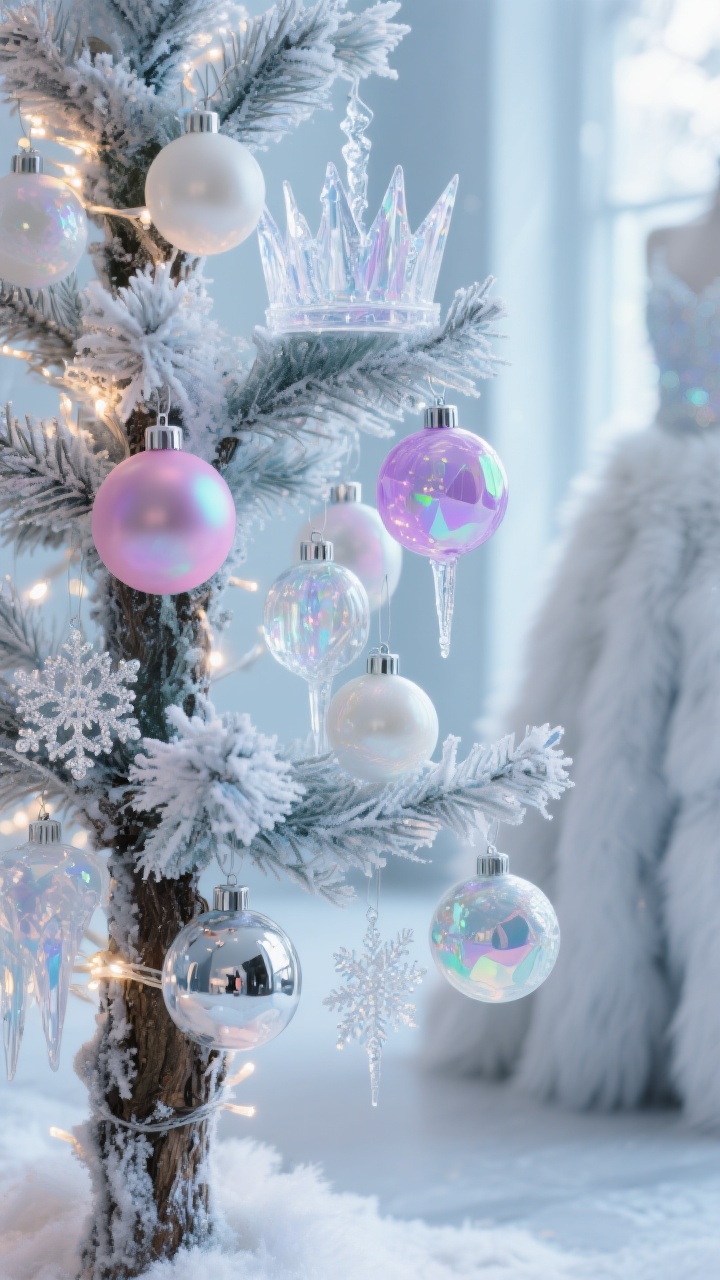 Photorealistic closeup detail shot focusing on the “frost and aurora” effect: a cluster of iridescent and icy elements on a tree. Color mix: ice blue, pearl white, clear glass, silver, and prismatic iridescent pink-lilac shifts. Ornaments: iridescent discs, mercury glass, clear icicles, and holographic snowflakes, with silver branch sprays and frosted picks radiating from the center for crystalline texture. Lighting: predominantly cool white twinkle lights with hints of layered warm strands deep inside for depth; mirrored ornaments placed near the trunk to reflect light. Composition shows clustered mini ornaments grouped in threes for impact. Include a glimpse of an acrylic icicle crown-style topper and a plush white or pale gray faux fur skirt out of focus in the background bokeh. Perspective: tight macro-style detail, sparkling, wintry, mesmerizing.