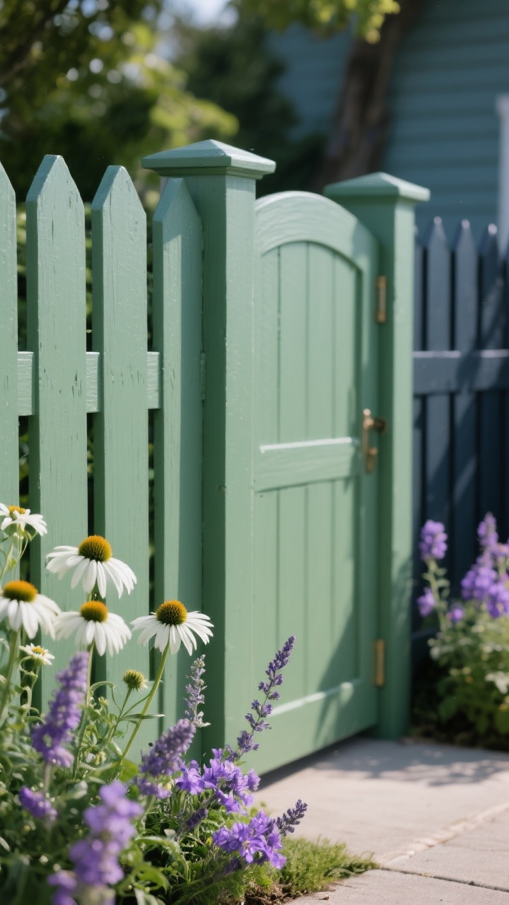 Photorealistic closeup detail shot from a slight angle focusing on the color-forward picket fence finish: a run of pickets painted sage green (earthy, calm) with a gate in a slightly deeper coordinated shade; show crisp brushwork and sealed end grains. Include adjacent versions in frame edges or background blur to suggest other on-trend hues like dusty blue and soft black (charcoal), but keep sage as the hero. Surrounding blooms matched to the palette: white and purple flowers—coneflower, catmint, and phlox—nestled at the base of the fence. Late afternoon natural light revealing subtle color undertones and paint sheen, with soft shadows. No people.
