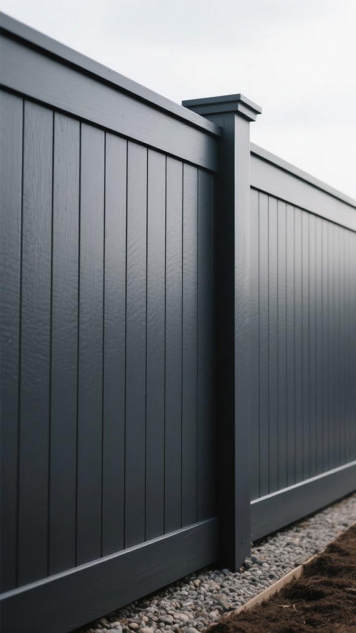 Photorealistic closeup/detail shot from a slight corner angle: modern board-and-batten fence with tight vertical boards, slim battens set proud by 1/4 inch to create refined shadow lines, topped with a flat 2x cap for a finished edge. Painted in a moody charcoal with a subtle two-tone effect—battens one shade deeper than the boards—for dimensional rhythm. Bottom edge raised 1 inch off soil over a slim gravel strip to prevent wicking. Soft overcast light emphasizing the vertical rhythm and paint sheen; monolithic, polished, full-privacy look, no people.