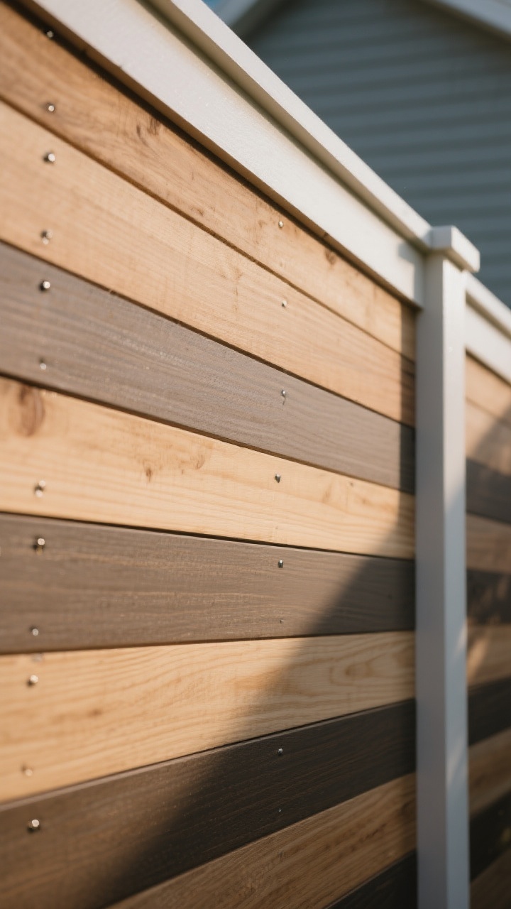 Photorealistic closeup/detail shot from a slight upward angle of a horizontal board-and-batten fence: wide horizontal boards (alternating 1x8s and 1x6s) with slim 1x2 to 1x3 battens flush-mounted over the seams; subtle two-tone finish where the main boards are stained a natural cedar and the battens painted a slightly darker tonal shade; a simple horizontal cap rail finishing the top and shielding end grain; visible tight, neat fastening on main boards and lightly nailed battens; soft side lighting emphasizing shadow lines, rhythm, and texture depth; transitional architectural vibe; no people.