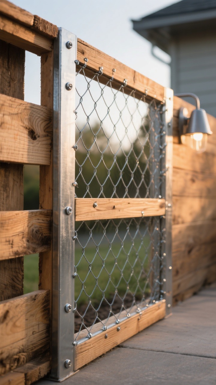 Photorealistic closeup/detail shot of a mixed-material pallet fence panel: warm pallet-wood frame (sealed, visible grain) inset with galvanized hog wire panel secured by self-tapping screws. The metal finish is clean and corrosion-resistant; cut edges are neatly sealed. The composition highlights texture contrast—smooth galvanized metal against rustic wood—and airy openness for light and airflow. Early evening side light grazing surfaces, with coordinating matte metal outdoor light fixture subtly visible in the background for cohesion, no people.