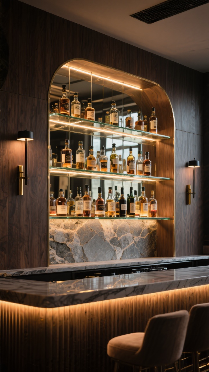 Photorealistic closeup detail shot of a statement back bar: mirrored or antiqued glass backsplash behind floating glass shelves holding illuminated liquor bottles, with warm 2700–3000K LED strip lighting under each shelf creating a soft, diffused glow; fluted wood panels and a slab of stone continuing up the wall for texture; brass or matte black accents on slender side sconces flanking the bar; moody lounge ambiance, no people, straight-on view focusing on reflections, textures, and lighting layers.