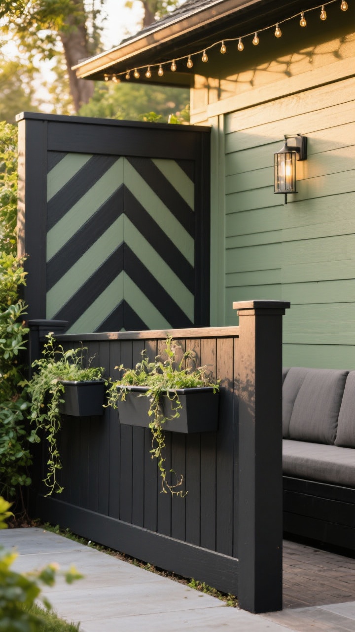 Photorealistic closeup detail shot of fence color and pattern: a charcoal-black painted fence section making nearby foliage pop, adjacent two-tone area with dark posts and lighter olive/sage panels; a chevron/herringbone insert behind a seating zone showing crisp angled slats; board-and-batten texture visible on a neighboring panel; exterior-grade paint with UV protection appears smooth, low-sheen; warm golden-hour light grazing the surface, slim mounted trough planters with trailing vines, neat run of string lights along the top rail, and a weatherproof metal wall hanging; straight-on close framing emphasizing color contrast and pattern precision.