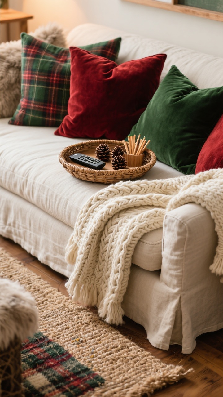 Photorealistic closeup detail shot of layered cozy textures on a linen slipcovered sofa: a cream cable-knit throw draped over the arm, tartan and velvet pillows in deep cranberry red and forest green, with a woven basket tray on the seat holding remotes, wooden matches, and a few pinecones; a jute rug layered under a smaller plaid wool rug peeks below. Palette limited to cream, forest green, cranberry, and warm wood. Soft, warm ambient lighting, shallow depth of field to emphasize knit, wool, linen, velvet, and faux fur textures.