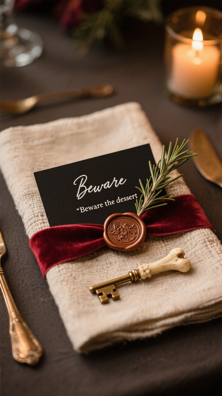 Photorealistic closeup/detail shot of napkins and place cards with personality: a textured linen napkin tied with oxblood velvet ribbon, a sprig of dried rosemary tucked beneath; a black cardstock place card with a hand-lettered white gel pen name and a cryptic line beneath (“Beware the dessert”); a tiny brass key and a small faux bone as mini props; optional wax seal stamped onto the ribbon or card; dim, warm candlelight highlighting paper grain, wax sheen, and fabric texture; tight composition on the table surface.