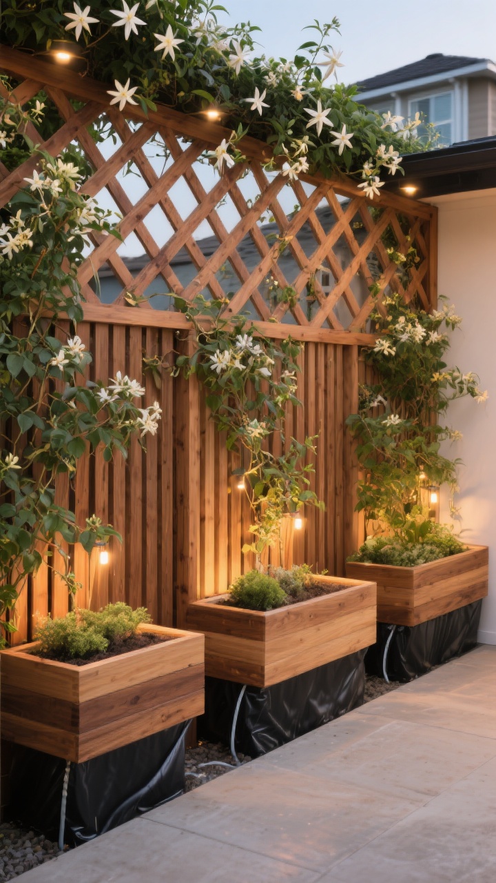 Photorealistic closeup detail shot, straight-on, of a slatted wood screen with integrated planter boxes and trellis grids: cedar slats matching cedar planter boxes lined with black pond liner; square trellis pattern in the same wood tone attached above; lush star jasmine and clematis vines beginning to climb, with tiny integrated up-lights inside the planters illuminating foliage after dusk; hidden drip irrigation lines tucked behind slats; composition blocks a neighbor’s sightline while allowing breezes; warm, inviting glow on natural wood and greenery textures