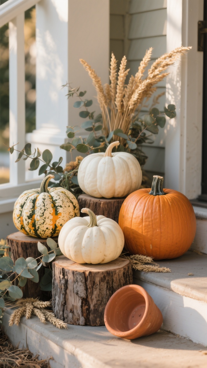 Photorealistic closeup, low-angle cluster of pumpkins arranged on a porch step: mixed sizes and shapes including Cinderella, heirloom, white, and warty varieties grouped in odd numbers (5), with a couple placed on rustic risers (a cut wood stump and an upside-down terra-cotta planter). Subtle eucalyptus stems and dried wheat tucked around the bases. Golden hour lighting with soft shadows, shallow depth of field emphasizing stems (with a slight sheen) and textured skins. No people.