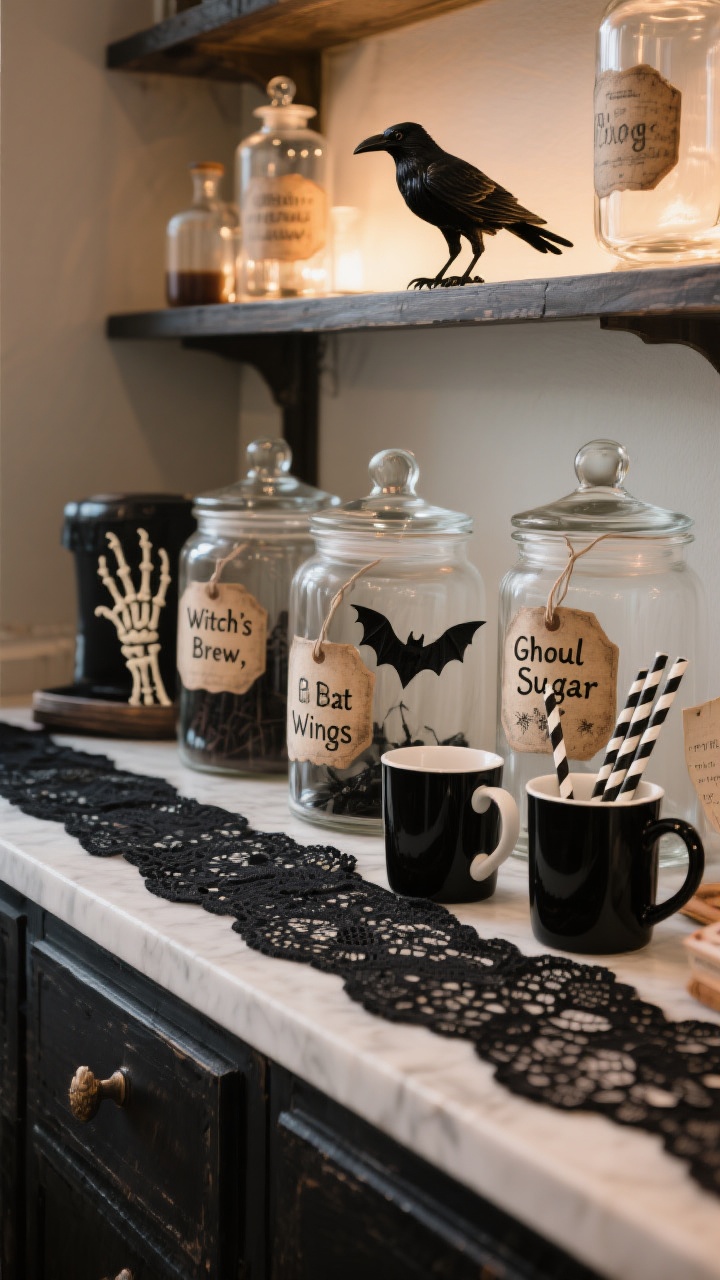 Photorealistic closeup of a bewitching coffee station styled like an apothecary: labeled glass jars with vintage-style tags reading “Witch’s Brew,” “Bat Wings,” and “Ghoul Sugar,” a black lace runner layered under matte black and white Halloween mugs, black-and-white paper straws in a skeleton-hand cup, and a small raven figurine perched on a shelf above. Warm ambient lighting, subtle reflections on glass, focus on textures of lace and aged paper, three-quarter angle.