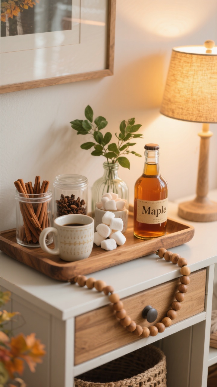 Photorealistic closeup of a fall beverage nook: a wooden tray on a small cabinet holding a coffee/tea/cider station with pretty ceramic mugs, clear canisters filled with cinnamon sticks, cloves, and marshmallows, an amber or ceramic bottle labeled “Maple,” a mini vase with green clippings, and a wood bead garland draped casually; placed near a glowing table lamp for golden-hour warmth; focused, cozy detail composition