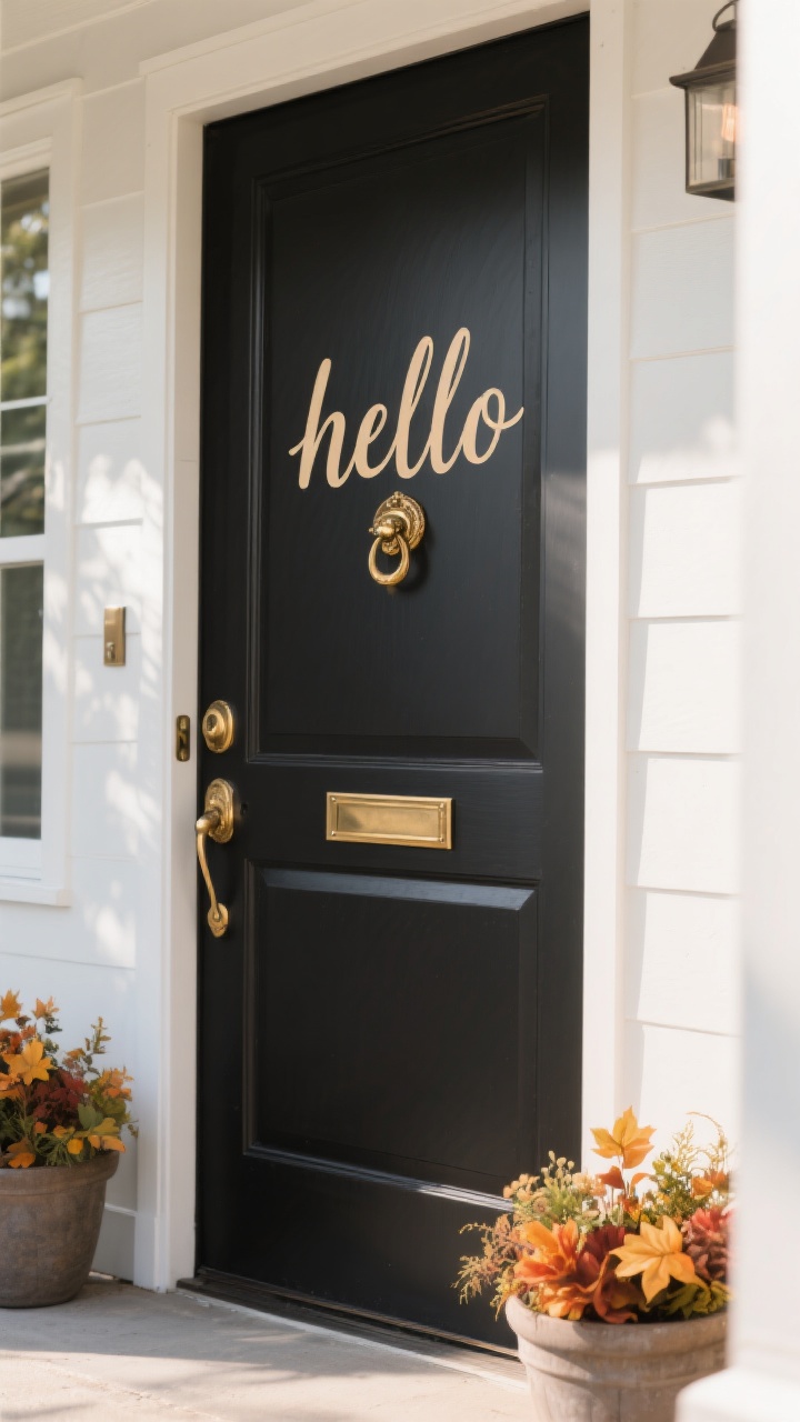 Photorealistic closeup of a front door showcasing fall-ready accents without repainting: a matte black pale door features a warm aged brass door knocker and high-contrast hardware. A subtle removable vinyl decal reading “hello” in script near the lower center. Matching planters flanking the door to visually widen the entry. Clean, bright natural light, straight-on composition focusing on hardware sheen and decal detail. No people.