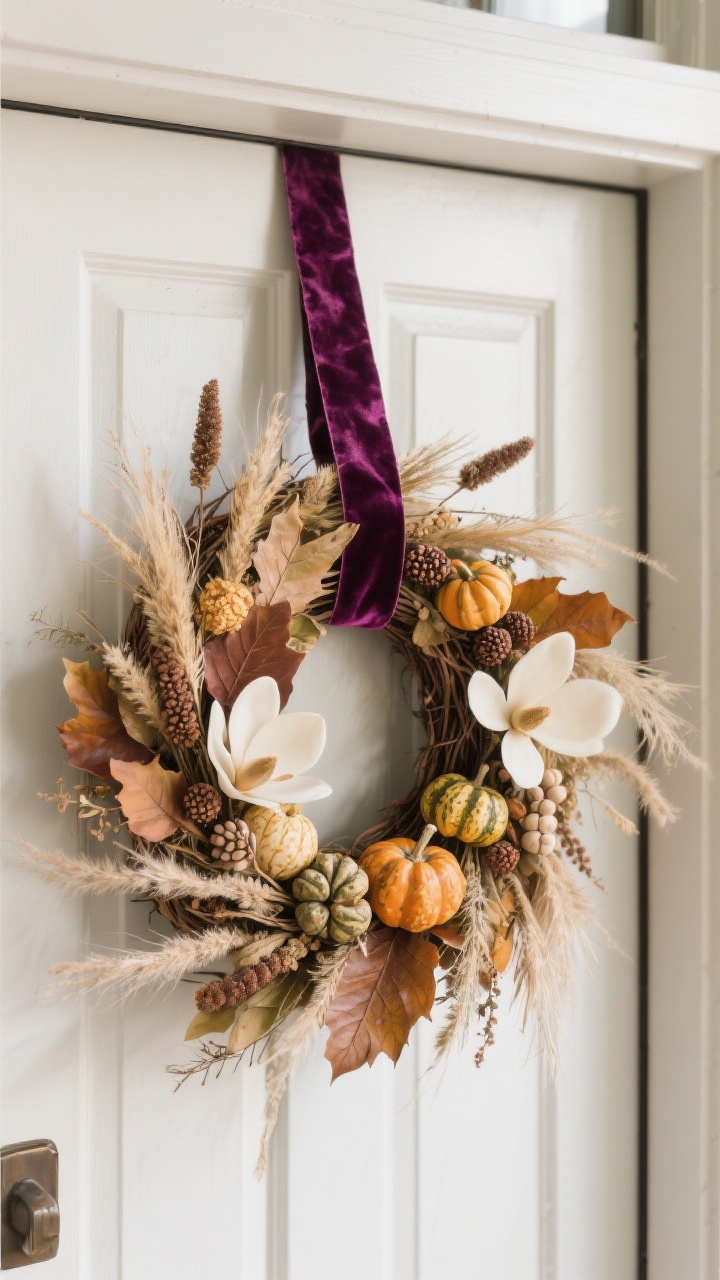 Photorealistic closeup of a lush fall wreath on a front door, packed with dried grasses, magnolia leaves, seed pods, and mini gourds. Asymmetrical design with the heaviest cluster at the lower right. A deep jewel-toned velvet ribbon (plum) trails from the top. Straight-on, soft daylight, high detail on textures: velvety leaves, matte gourds, and wispy grasses. Clean background door; no other decor. No people.