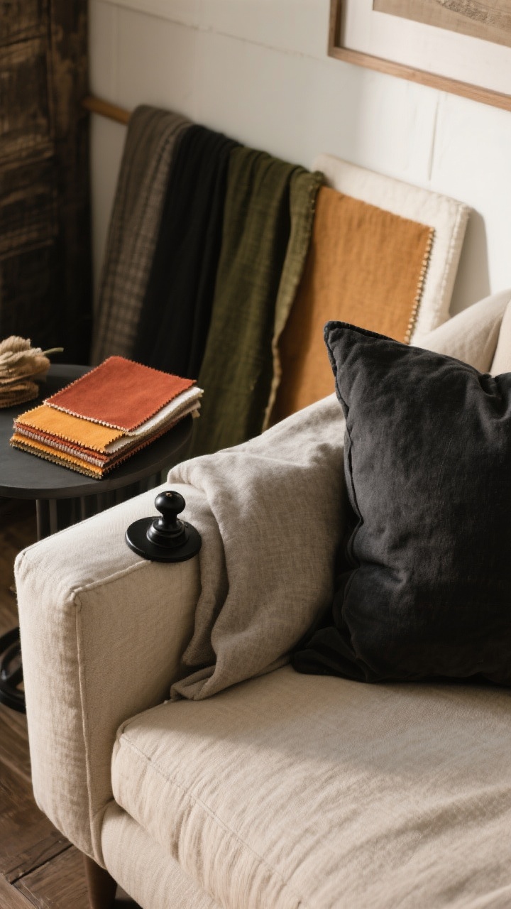 Photorealistic closeup of a moody farmhouse color palette vignette: swatches and textiles showing rust, ochre, olive, and deep charcoal against warm whites and camel; a greige fabric sample beside matte black hardware, charcoal throw pillow leaned against a linen-beige sofa arm; soft side lighting to deepen tones; minimal decor around to emphasize the palette; overhead top-down composition