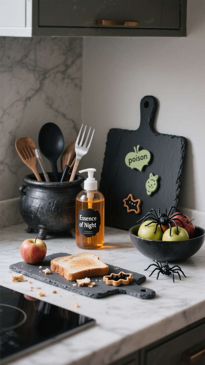 Photorealistic closeup of subtle spooky everyday essentials on a kitchen counter: amber glass bottle labeled “Essence of Night” dispensing dish soap, utensils stored in a small cauldron-style crock, a black slate cutting board with a few “poison” apples and crumbs from toast cut with bat and cat cookie cutters, and a fruit bowl with a handful of plastic spiders for a harmless jump scare. Neutral, moody lighting highlighting slate and ceramic textures; tight, detail-focused framing.