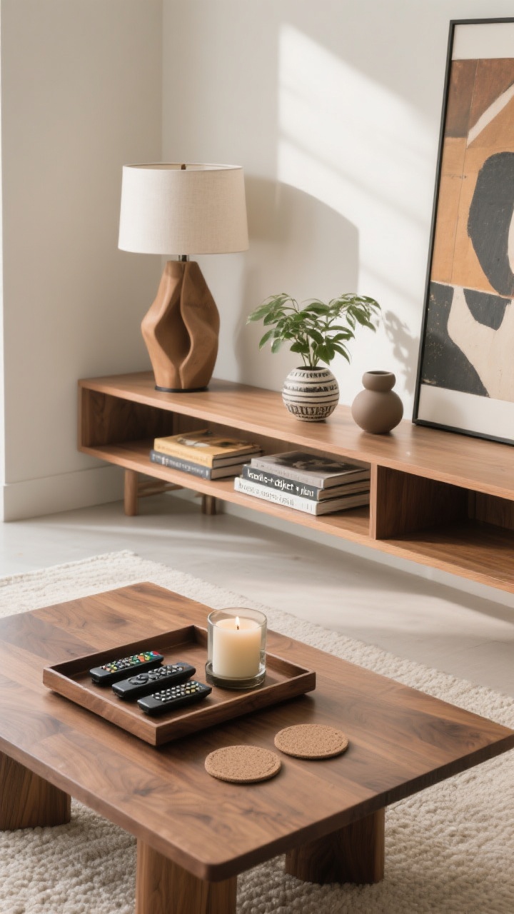 Photorealistic closeup overhead detail of curated styling: a tray corralling remotes, a candle, and coasters on a wooden coffee table; next to it, a styled shelf vignette with the “books + object + plant” trio; one bold statement piece partially in frame (a sculptural lamp base or oversized art edge) to signal a single focal item per zone; clean negative space around objects; soft natural side lighting to carve gentle shadows