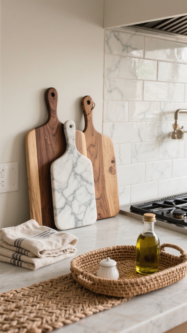 Photorealistic closeup showing layered textures: a trio of cutting boards (walnut, oak, and marble) leaning against a backsplash, linen tea towels folded nearby, a chunky woven runner partially in frame, and a woven tray corralling olive oil and a salt cellar by the stove. Emphasize wood grain, linen weave, stone veining, and basket texture. Soft diffused lighting, 45-degree angle.