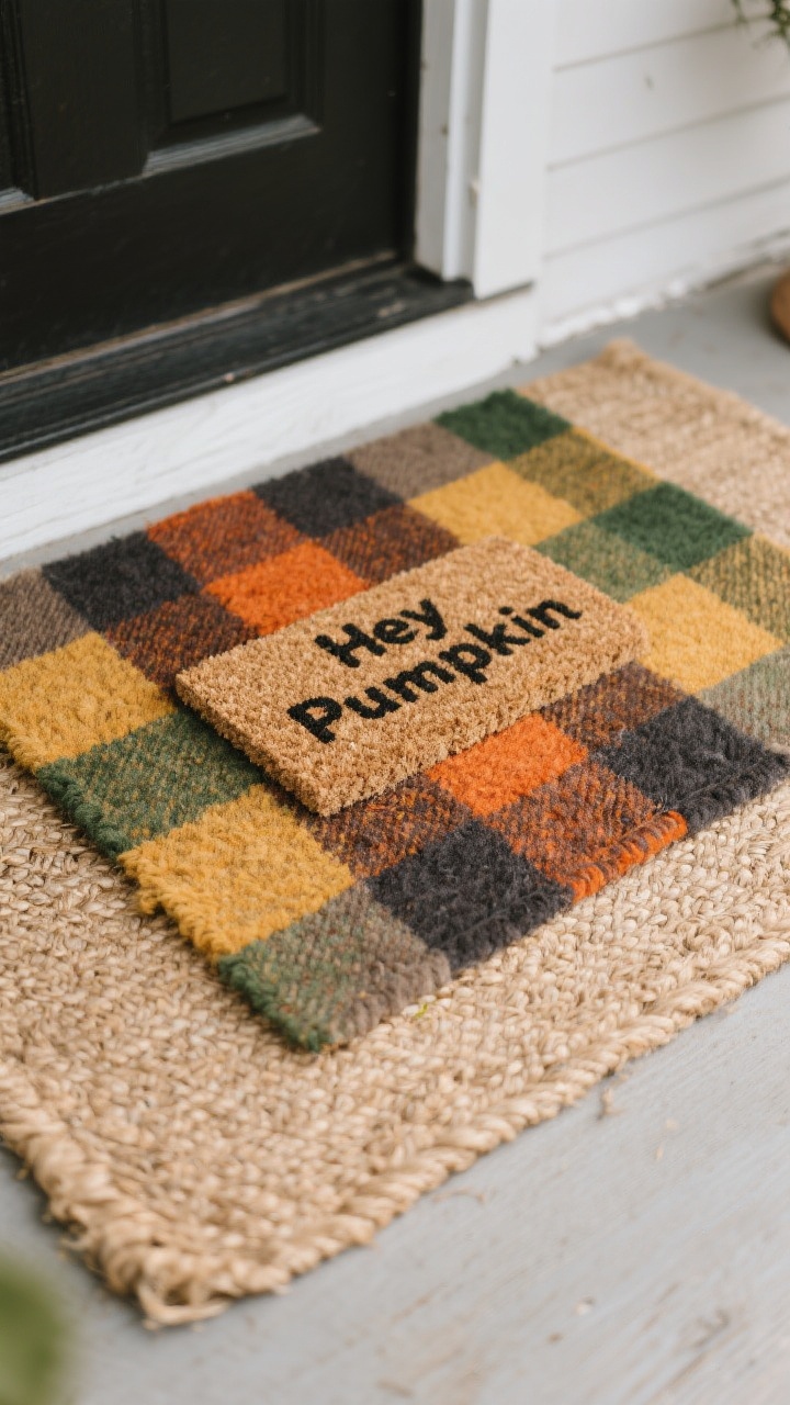 Photorealistic closeup, straight-on, of layered porch rugs: a natural jute rug as the base with a plaid outdoor rug (burnt orange, mustard, forest green, taupe, and charcoal stripes) on top, finished with a cheeky “Hey Pumpkin” coir doormat centered; soft overcast daylight, textures clearly visible (jute weave, wool-blend, cotton flatweave), shallow depth of field emphasizing fibers and pattern edges, no people.