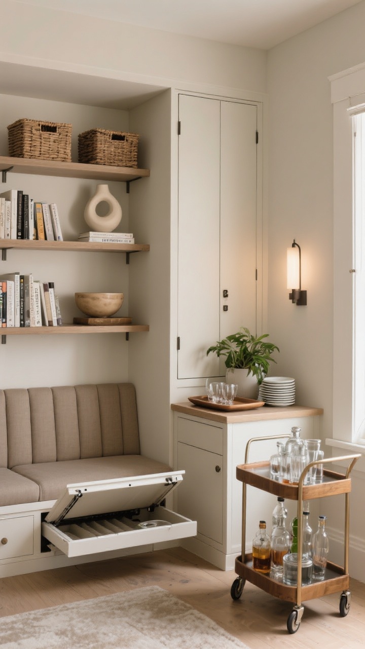 Photorealistic corner-angle medium shot focusing on hidden-yet-beautiful storage: a storage banquette with lift-up seats, a shallow 10–14 inch slim console holding serverware, and a closed-door bar cabinet with a styled tray and plant on top. Include open shelves with baskets for curated display, keeping roughly 70% closed storage and 30% display (books, sculptural bowl, a small stack of plates). Add a slim rolling bar cart tucked into a corner. Lighting is soft and warm, surfaces feel intentional and tidy.