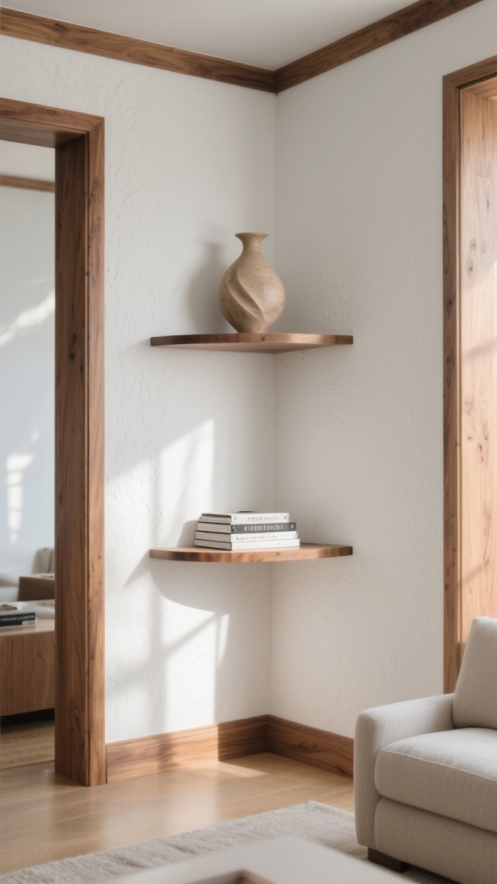 Photorealistic corner angle shot of wrap-around floating corner shelves in a living room, finishes matched to nearby trim in warm oak; each shelf holds one hero object to avoid clutter: a sculptural vase on one, a short stack of design books on another; clean white walls, subtle texture; late afternoon light raking across, highlighting the corner’s transformation from dead space to a high-impact moment