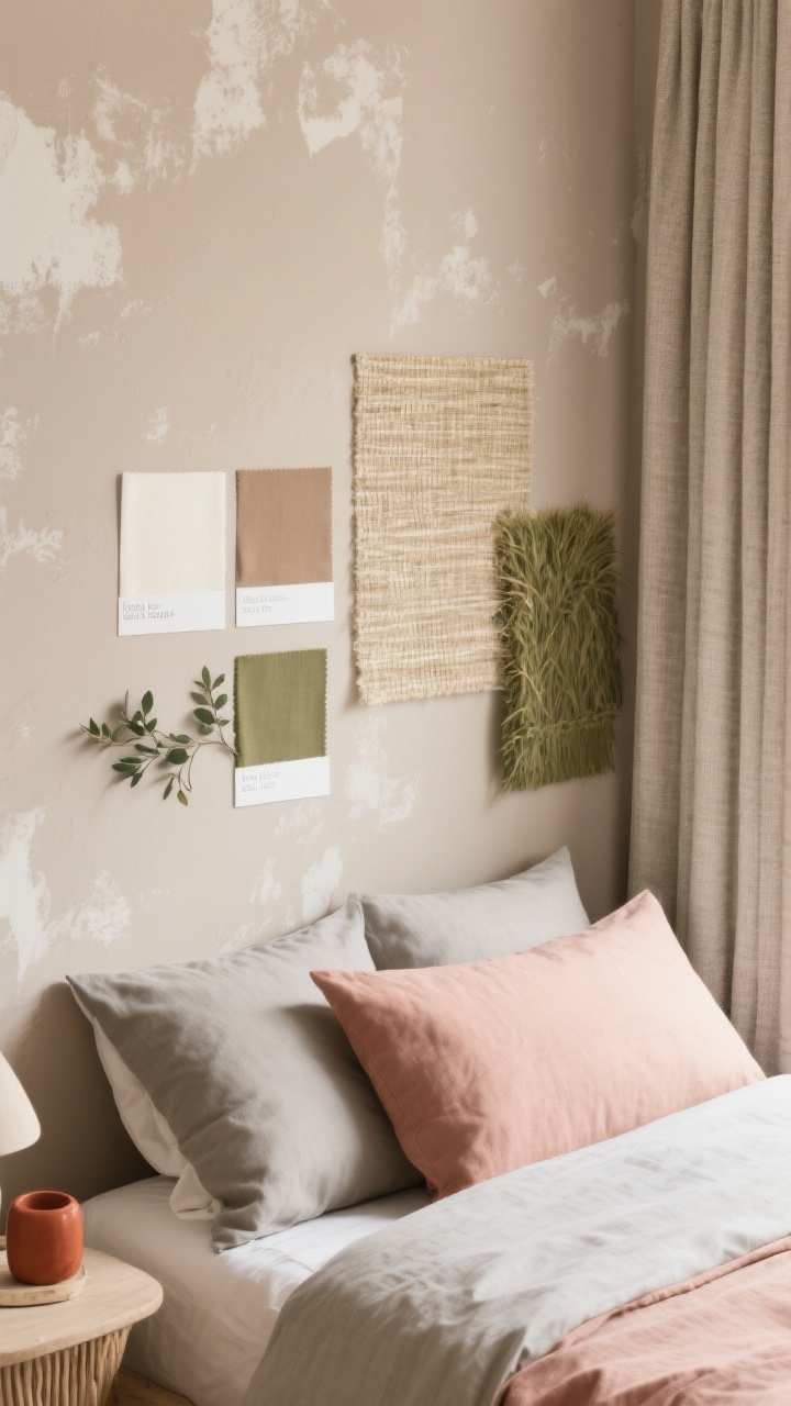 Photorealistic detail closeup of a cozy-first color palette vignette: painted wall in warm neutral “light taupe” with a subtle limewash texture, adjacent swatch cards showing creamy white, mushroom, and olive; fabric samples for bedding and curtains in tonal greige and muted blush; small accents in rust and eucalyptus green. Include a sample of grasscloth wallpaper to suggest texture. Soft, diffused natural light to keep finishes matte/eggshell; overhead top-down perspective like a designer flat lay.