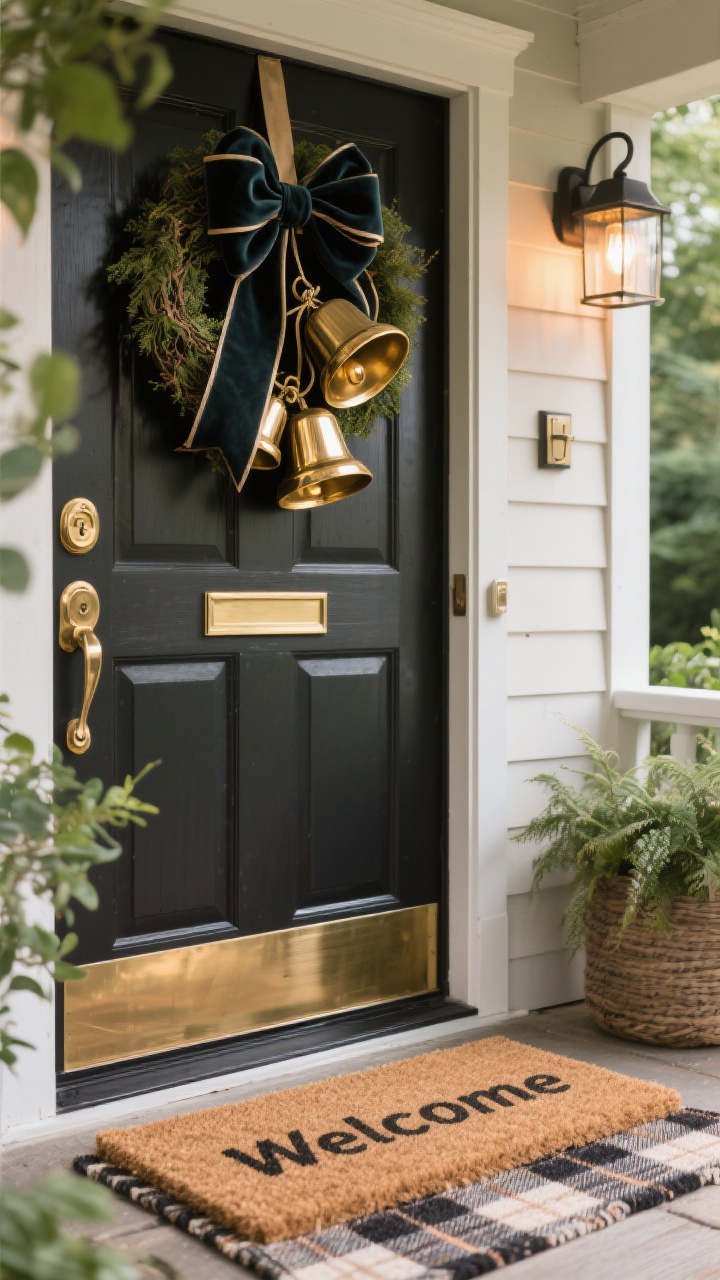 Photorealistic detail/closeup of door decor upgrades: a layered doormat look with a plaid outdoor rug beneath a coir “Welcome” mat; above the wreath hangs an oversized velvet bow, with a trio of oversized brass bells tied on ribbon to the side of the door frame; polished hardware (shiny brass or matte black) visible and crisp against surrounding greenery; warm porch light grazing textures; tight framing to highlight materials, sheen, and layered styling.
