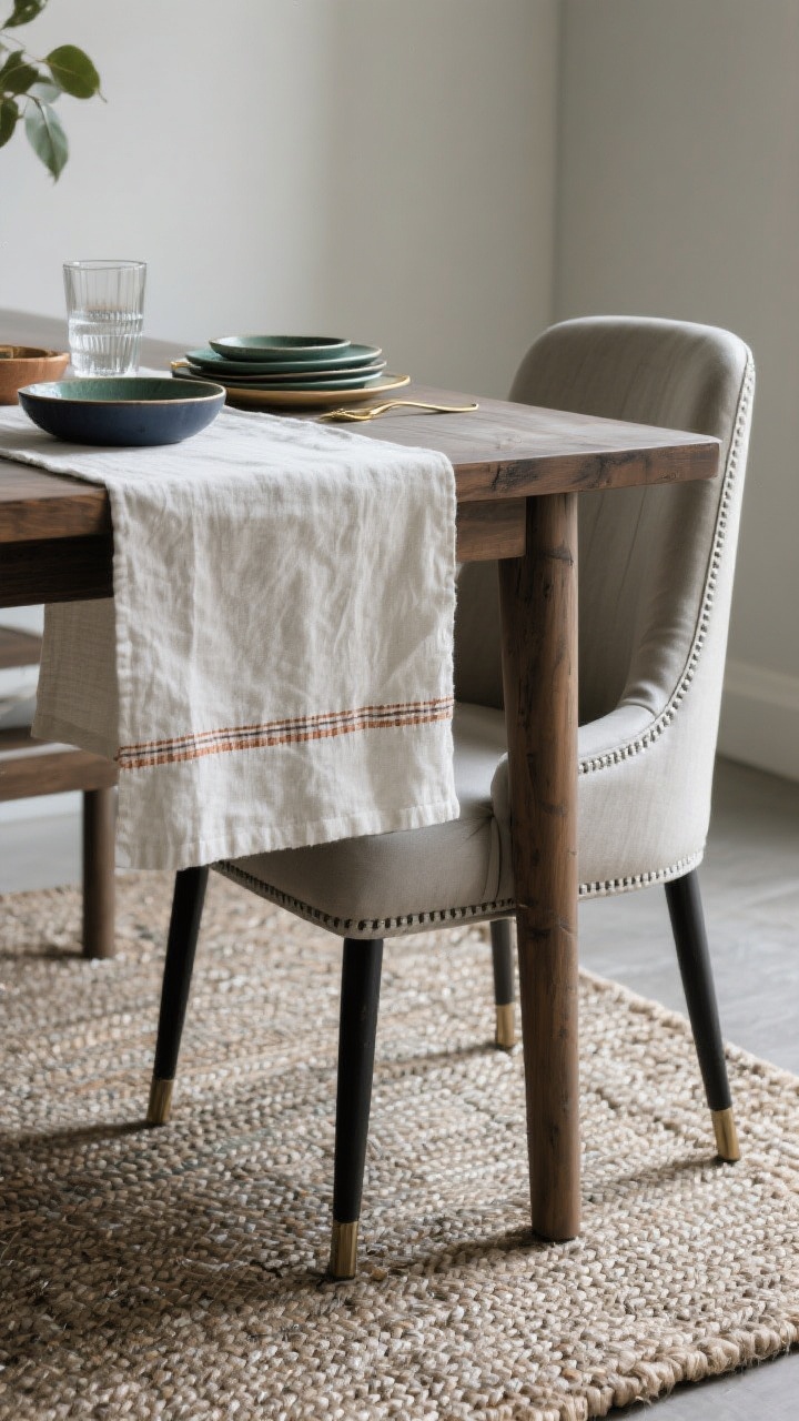 Photorealistic detail closeup of layered textures within a tight palette: a linen table runner over a wood tabletop styled with ceramic dishes and a glass tumbler, upholstered dining chair in linen or easy-clean faux leather nearby, and the edge of a flatweave rug extending at least 24 inches beyond the table. Color scheme shows one dominant neutral (soft white, greige, or charcoal) with a single accent (sage, rust, or navy), plus a whisper of metallic (brass, matte black, or chrome) for subtle sheen. Soft natural light highlights fabric weaves and material contrast.