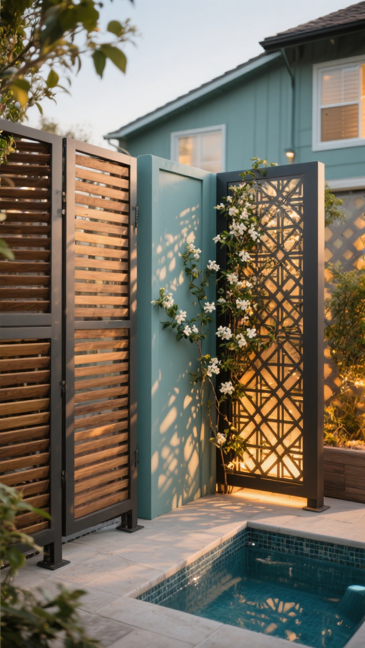 Photorealistic detail/medium shot of a patio privacy screen ensemble: louvered wood panels with adjustable slats partially tilted, a square lattice section painted to match the home’s exterior color, and a freestanding laser-cut metal panel with a bold geometric pattern casting intricate shadows; modular 4–6 ft sections arranged around a hot tub area; jasmine vines beginning to weave through the lattice; warm LED backlighting behind the patterned panel for dramatic shadow-play at golden hour; renter-friendly freestanding frames visible; angled view capturing texture and airflow.
