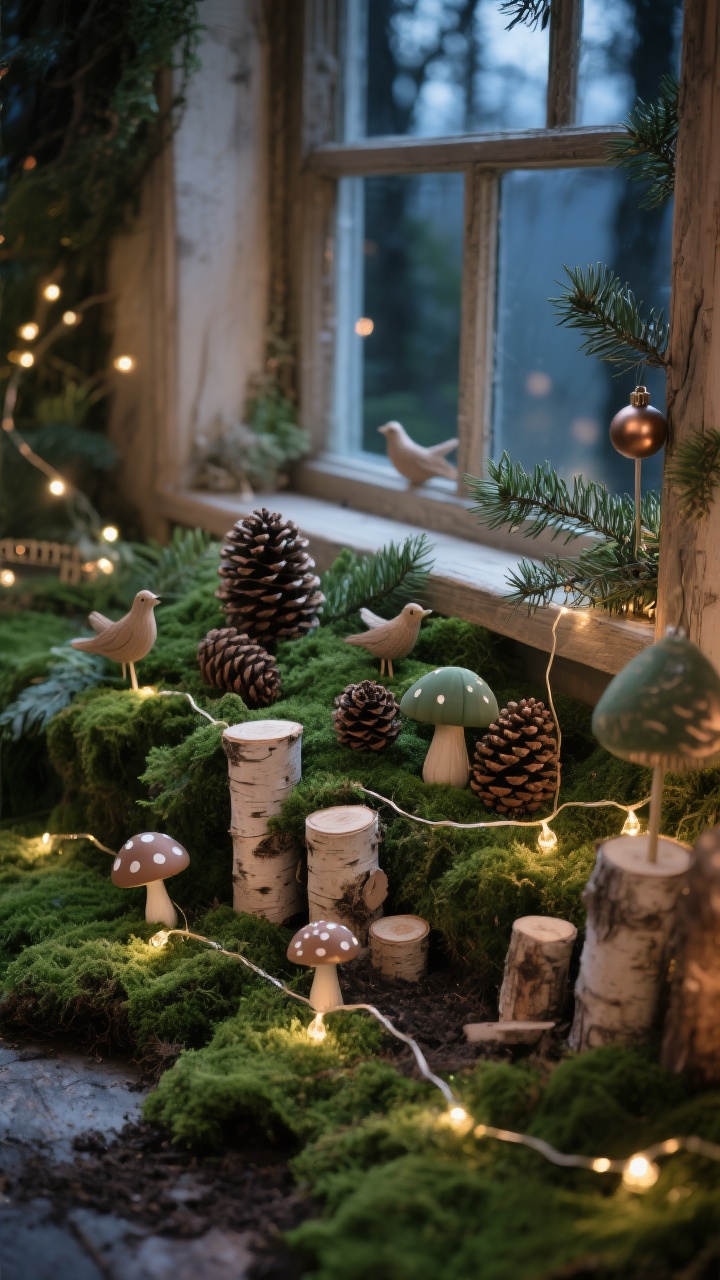 Photorealistic detail shot at twilight of a woodland storybook window box, shot from a slightly elevated corner angle. Base layer of lush sheet moss covering the soil like a green carpet. Stacked pinecones and thin birch wood slices forming miniature “stumps.” Juniper sprigs and cedar tucked in for soft, natural texture. Tiny toadstool picks and small, subtle faux birds nestled among the moss. Warm fairy lights delicately woven through the scene for a gentle twinkle. Matte, earthy ornaments in taupe, forest green, and bronze tones, understated and whimsical.