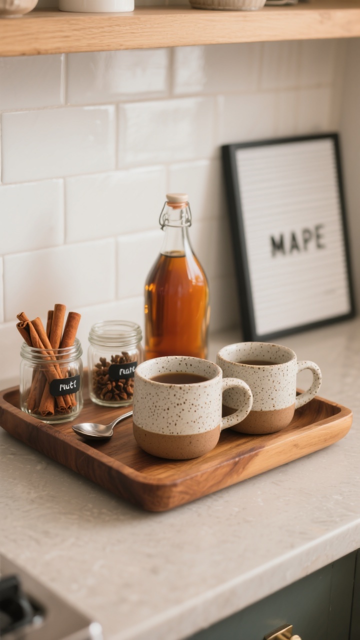 Photorealistic detail shot of a cozy coffee and cider station on a wooden tray: speckled ceramic and stoneware mugs in fall tones, small clear jars labeled nutmeg, cinnamon, and cloves, a glass bottle of maple syrup with an amber hue, and a minimal modern sign leaning against a backsplash. Include cinnamon sticks and a spoon, set on a neutral countertop near a backsplash of white tile. Side angle with shallow depth of field.