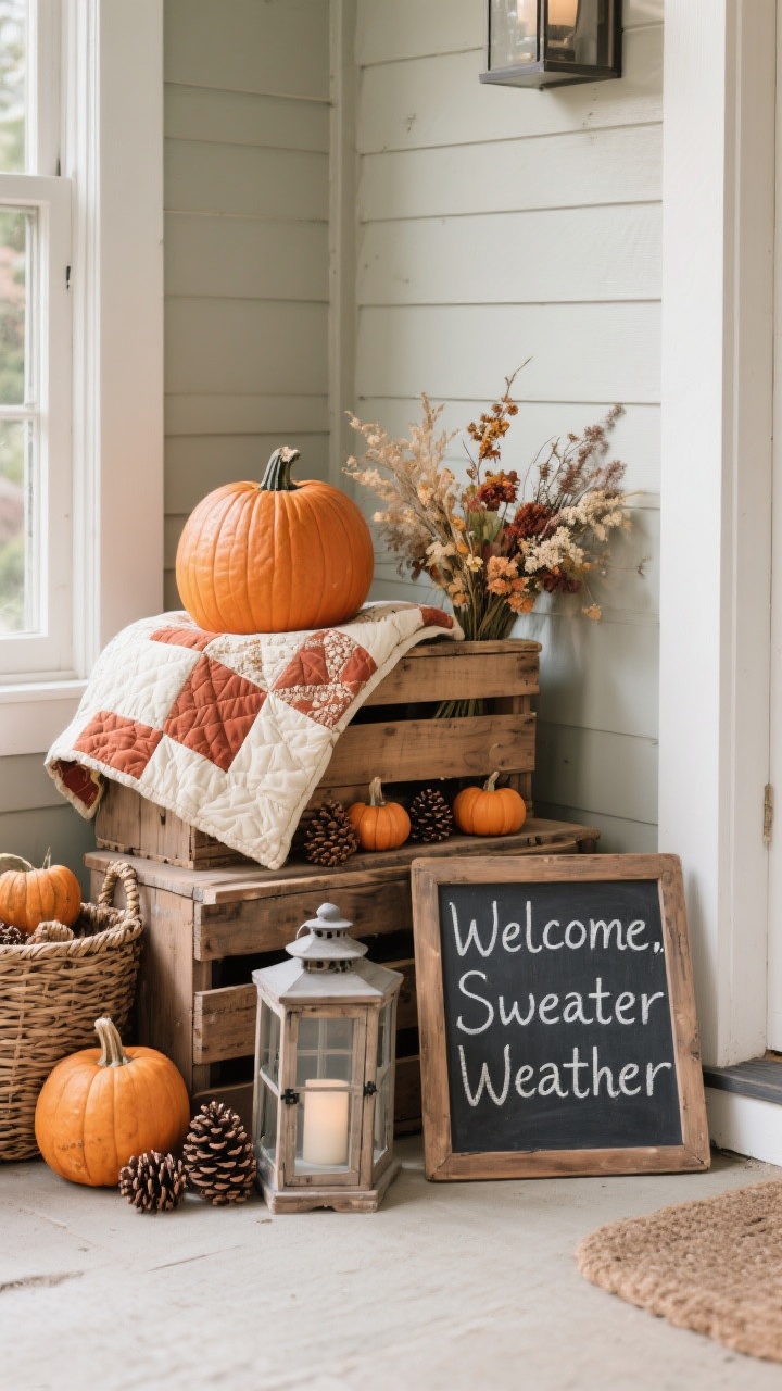 Photorealistic detail shot of a seasonal vignette in a porch corner: stacked wood crates for height, a vintage woven basket, a folded quilt, a single large heirloom pumpkin as the hero, and a medium lantern. Layer smaller elements—pinecones, mini pumpkins, a short bundle of dried florals. A small leaning chalkboard sign reads “Welcome, Sweater Weather” in simple lettering. Keep to two–three colors (rust, cream, natural wood). Overhead three-quarter angle. No people.