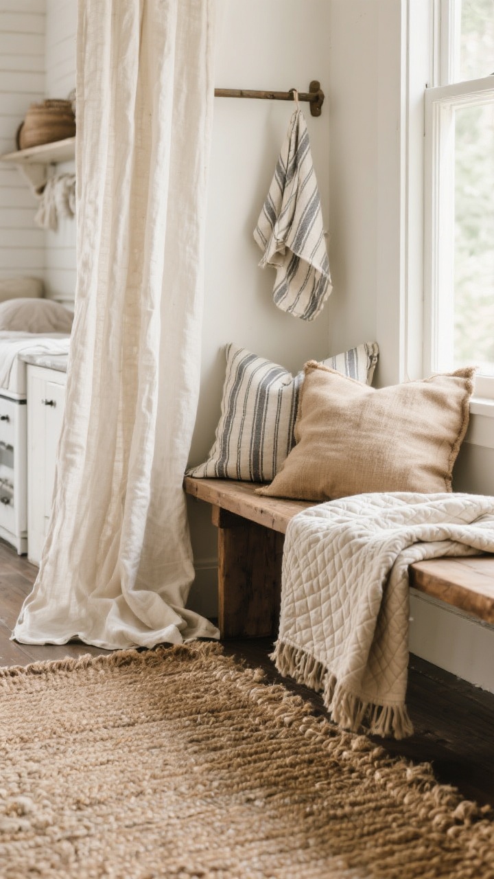 Photorealistic detail shot of farmhouse textiles: cotton-linen curtains pooling slightly on the floor, edge of a wool or jute area rug beneath, striped grain sack pillows on a wooden bench, a matelassé or quilted throw folded at the foot of a bed visible in frame; kitchen tea towel in ticking stripe hanging from a nearby rail; soft natural daylight highlighting weaves; close, tactile perspective