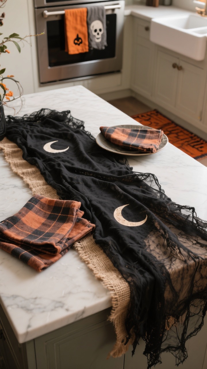 Photorealistic detail shot of layered kitchen textiles on an island: a black gauze runner draped with elegant decay, tea-stained linen napkins, plaid napkins in muted rust and charcoal, and a strip of burlap peeking beneath. Include a pair of Halloween dish towels with subtle moon and tiny skull prints hanging from an oven handle in the background and a mini rug in burnt orange near the sink. Soft, diffused lighting to highlight fabric textures; overhead perspective.