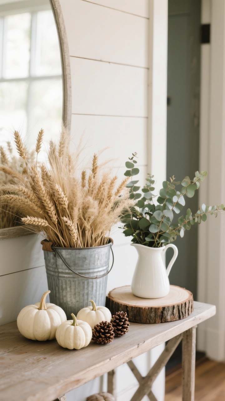 Photorealistic detail shot of natural elements styled on a farmhouse entry console: a galvanized bucket filled with dried wheat and grasses, mini white pumpkins clustered beside pinecones, a small eucalyptus bundle in a white pitcher set on a rustic wood slice; neutral backdrop with shiplap; soft diffused morning light; focus on organic textures and muted whites and greens; 3/4 corner angle