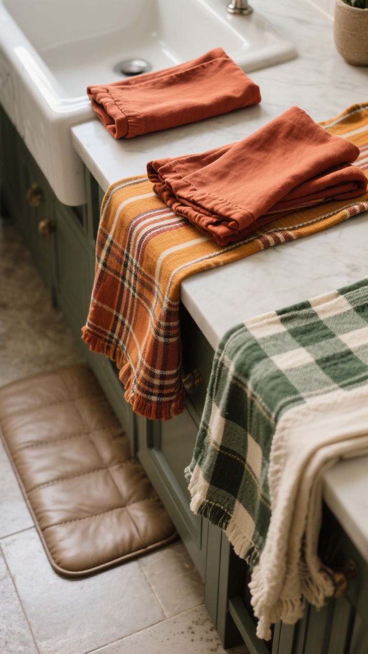 Photorealistic detail shot of upgraded linens and soft goods: heavyweight napkins in rust and ochre, a striped runner in deep green and cream, and plaid dish towels folded neatly. Include a cushioned anti-fatigue mat with a neutral leather-look on the floor near the sink. Emphasize fabric weight, pattern mix (one bold plaid with two subtle textures). Soft diffused daylight, top-down/oblique view.