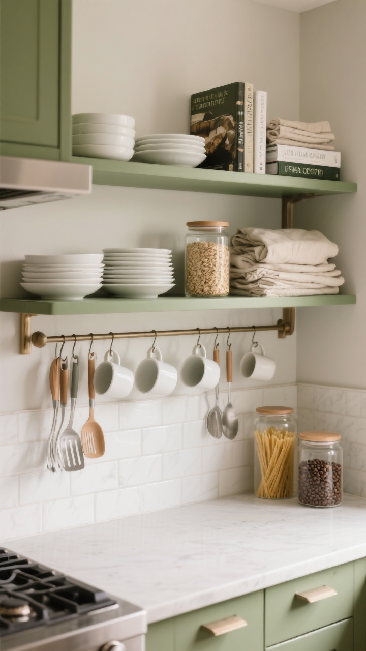 Photorealistic kitchen medium-wide shot of open shelves above a short backsplash: everyday white plates and bowls at arm’s reach, glass canisters with pasta, oats, and coffee beans, neat stacks of neutral linens and a couple of cookbooks; rails with mugs and utensils hanging underneath; color palette neutral with a single olive green accent; bright natural task lighting, surfaces clean and dust-conscious