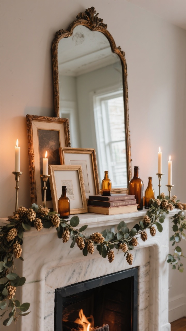 Photorealistic mantel styling scene, medium shot: a large vintage mirror as the anchor, layered leaning frames in front, amber glass bottles, and a few stacked books; garland of dried hops or seeded eucalyptus draped across; taper candles in mixed metals providing warm glow; tight palette of three colors for an intentional look; evening lighting with candle flicker; straight-on fireplace view