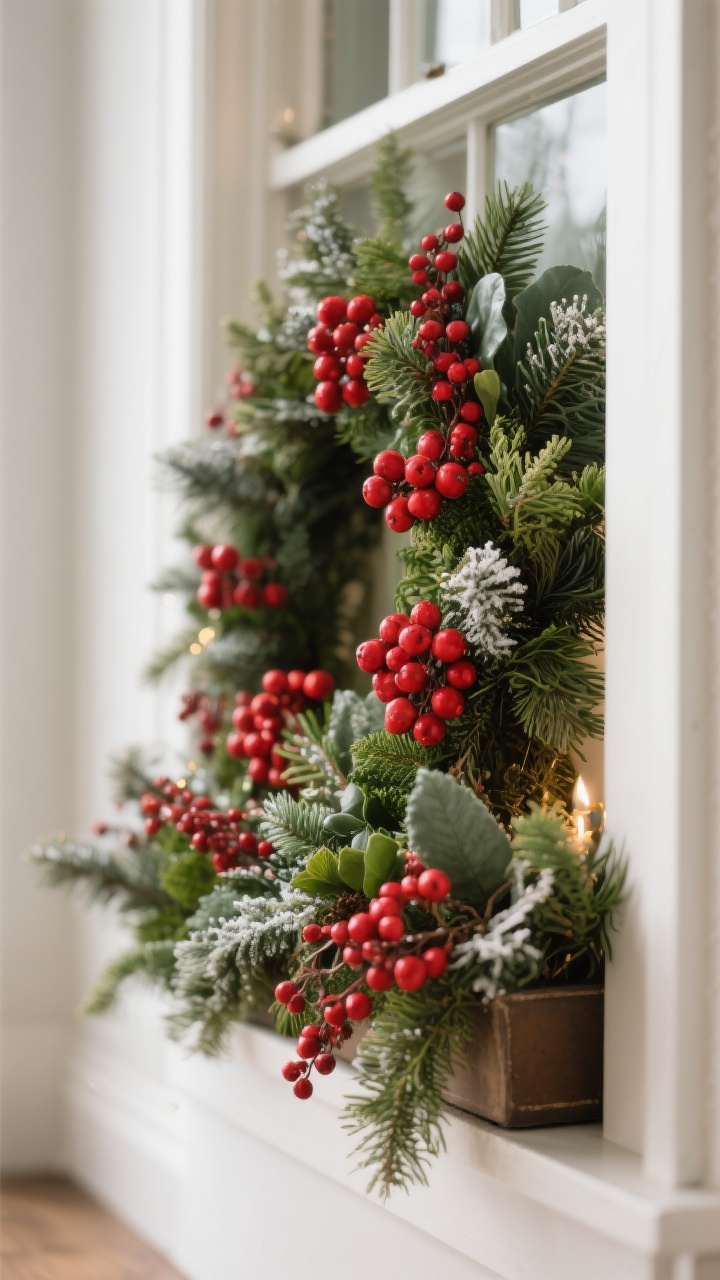 Photorealistic medium close-up angled from one corner of a festive window box bursting with traditional holiday elements. Mixed greens as base, with clusters of bright red winterberries grouped in odd numbers. A single