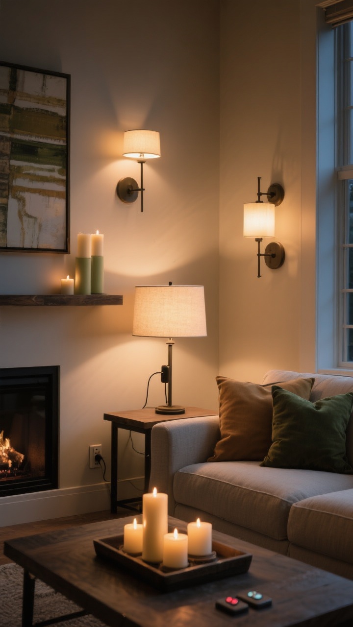 Photorealistic medium interior scene showcasing layered lighting for hearth glow: a living room corner with a linen sofa, warm 2700K LED table lamp on a side table, plug-in sconces above a shelf or art piece adding depth, and candles (pillar and taper with a few flameless) clustered on a tray; dimmers set low for a soft, inviting ambiance; olive, camel, and charcoal accents tie in; evening mood; corner angle to show multiple light sources together