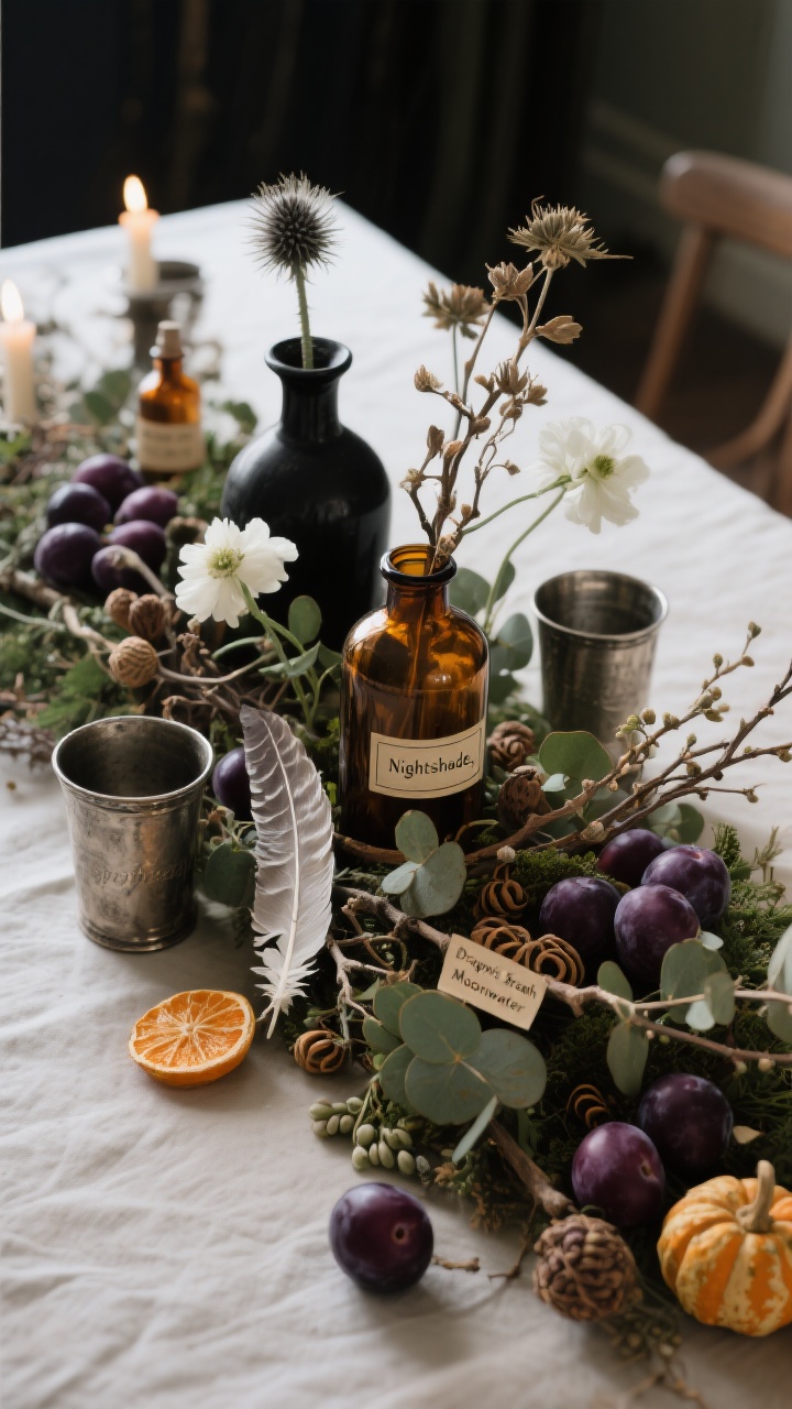 Photorealistic medium overhead shot of a low, wide “apothecary garden” centerpiece: dried branches, eucalyptus, thistle, seed pods, and curly willow arranged in amber apothecary bottles, black ceramic vases, and tarnished silver cups; moody color story of plums, aubergine, deep greens with a few crisp white florals for contrast; accents of feathers, dried orange slices, and mini gourds; tiny labels clipped to a bottle reading “Nightshade,” “Dragon’s Breath,” and “Moonwater”; composition kept low to preserve sightlines; soft candle-adjacent glow but no direct people.