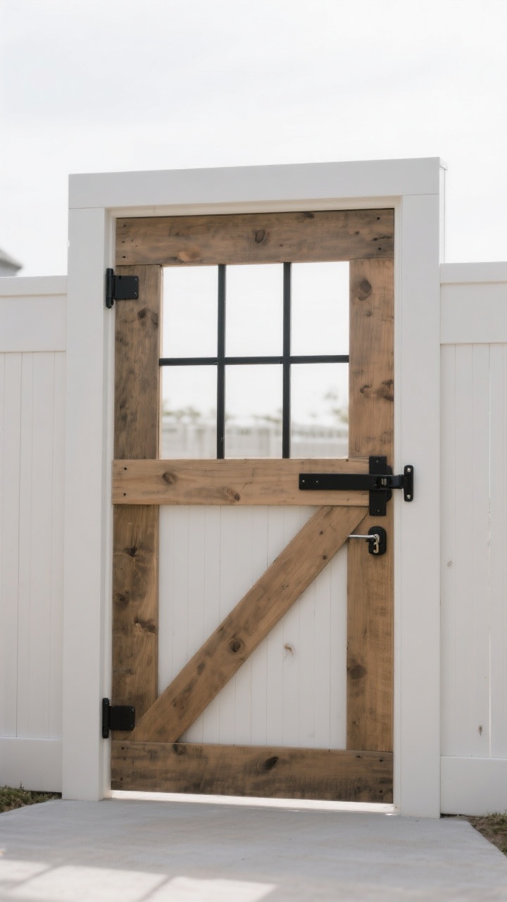 Photorealistic medium shot focused on a grid-style pallet gate as the showpiece entrance. A clean rectangular 2x4 frame clad in pallet boards forms a grid, with a diagonal brace running from latch-side bottom to hinge-side top to prevent sagging. Matte black strap hinges and a modern latch provide hardware drama. The gate is set in a matching fence line, viewed at a slight three-quarter angle to emphasize depth and structure, bright overcast light for even detail, no people.