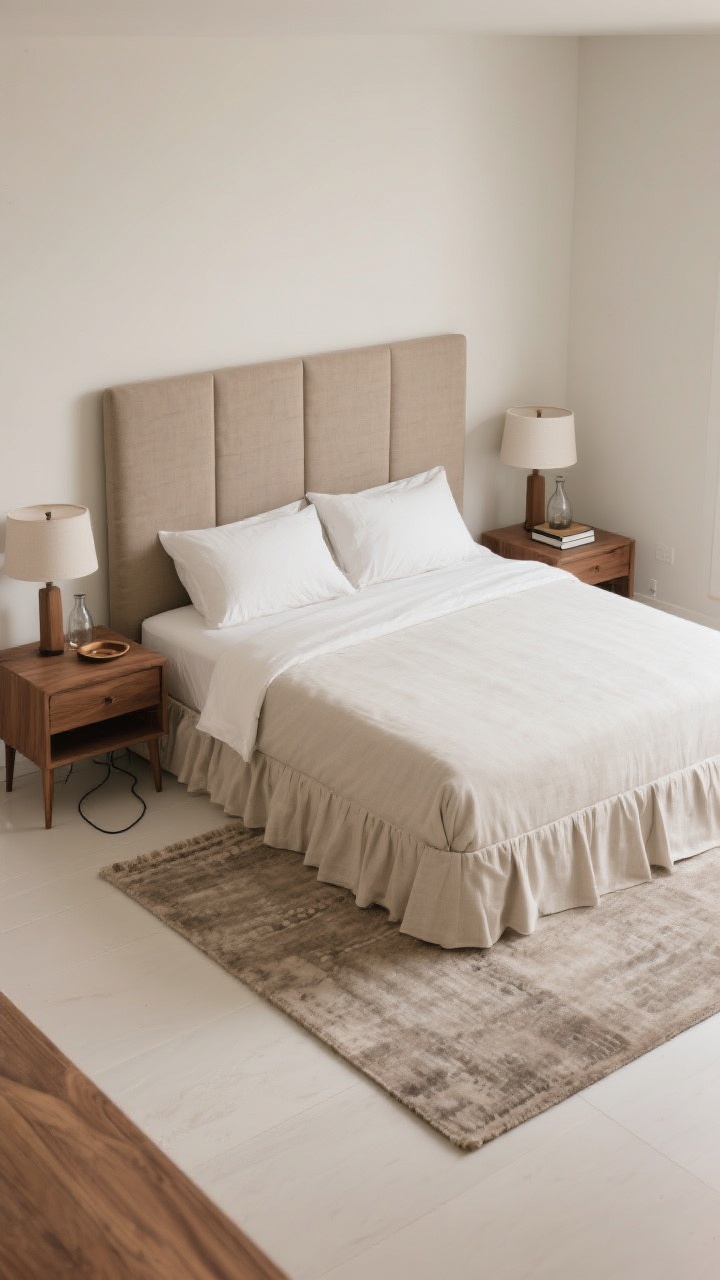 Photorealistic medium shot focusing on the elevated bed area: a centered bed with an upholstered linen headboard in warm greige, two balanced nightstands, and a rug placed two-thirds under the bed showing generous exposure at the foot and sides. Clear pathways of about 24–30 inches on each side. Nightstands styled minimally (lamp, carafe, one book, small tray), cords hidden. Include a linen bed skirt for a clean base. Neutral palette with walnut accents; calm, organized layout; slight corner angle to highlight symmetry and flow.