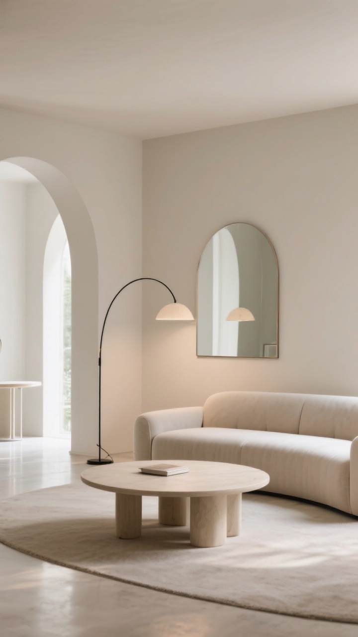Photorealistic medium shot from a corner angle emphasizing flowing shapes: a round or oval coffee table easing circulation around a low-profile sofa with slim arms; an arched floor lamp sweeping over the seating; an arched mirror adding height and softness on the wall; minimal sharp corners, calm neutral tones; clear walking paths visible; soft daylight and subtle reflections reinforcing gentle curves