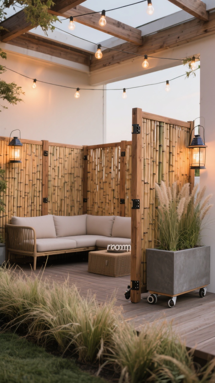 Photorealistic medium shot from a corner perspective: a rent-friendly portable bamboo screen setup. Rolled bamboo fencing mounted to cedar frames with hinges forming folding screens, positioned behind an outdoor sofa to define a “room.” A second screen is attached to large rectangular planter boxes for stability, with outdoor casters visible at the base of one mobile unit. String lights and a couple of solar lanterns hang from the top for warm evening mood lighting; tall grasses in front add a lush border. Deck-friendly weights/planters shown; no people.