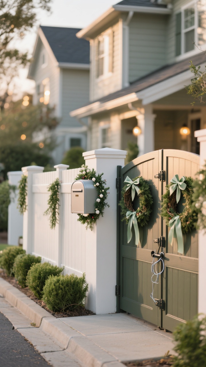 Photorealistic medium shot montage perspective along the property edge: a mailbox swag with mini garland draped over the top and a side bow; fence sections with evenly spaced greenery bundles secured at regular intervals with matching ribbons; a gate featuring twin wreaths for a grand entrance vibe; outdoor-rated zip ties and floral wire hidden beneath tidy ribbon knots; cohesive palette matching the home’s front decor; late afternoon light with gentle bokeh from distant lights.