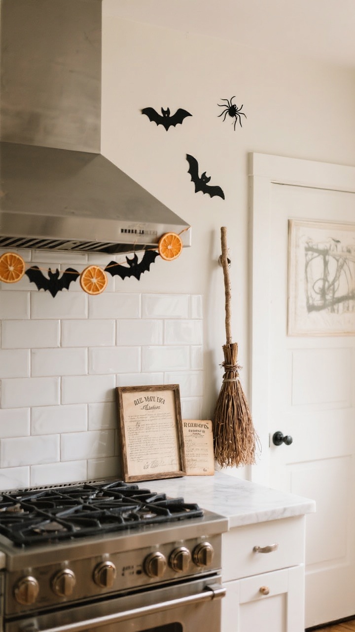 Photorealistic medium shot of a backsplash turned mini haunt: removable bat and tiny spider decals swooping from an upper corner across white tile, a garland of felt bats and dried orange slices draped along the vent hood, a framed printable spell sheet and a vintage recipe card leaning against the tile, and a rustic broom hung near the door as wall art. Keep area directly behind the stove minimal and practical. Even, soft lighting; slight side angle to capture vertical elements.