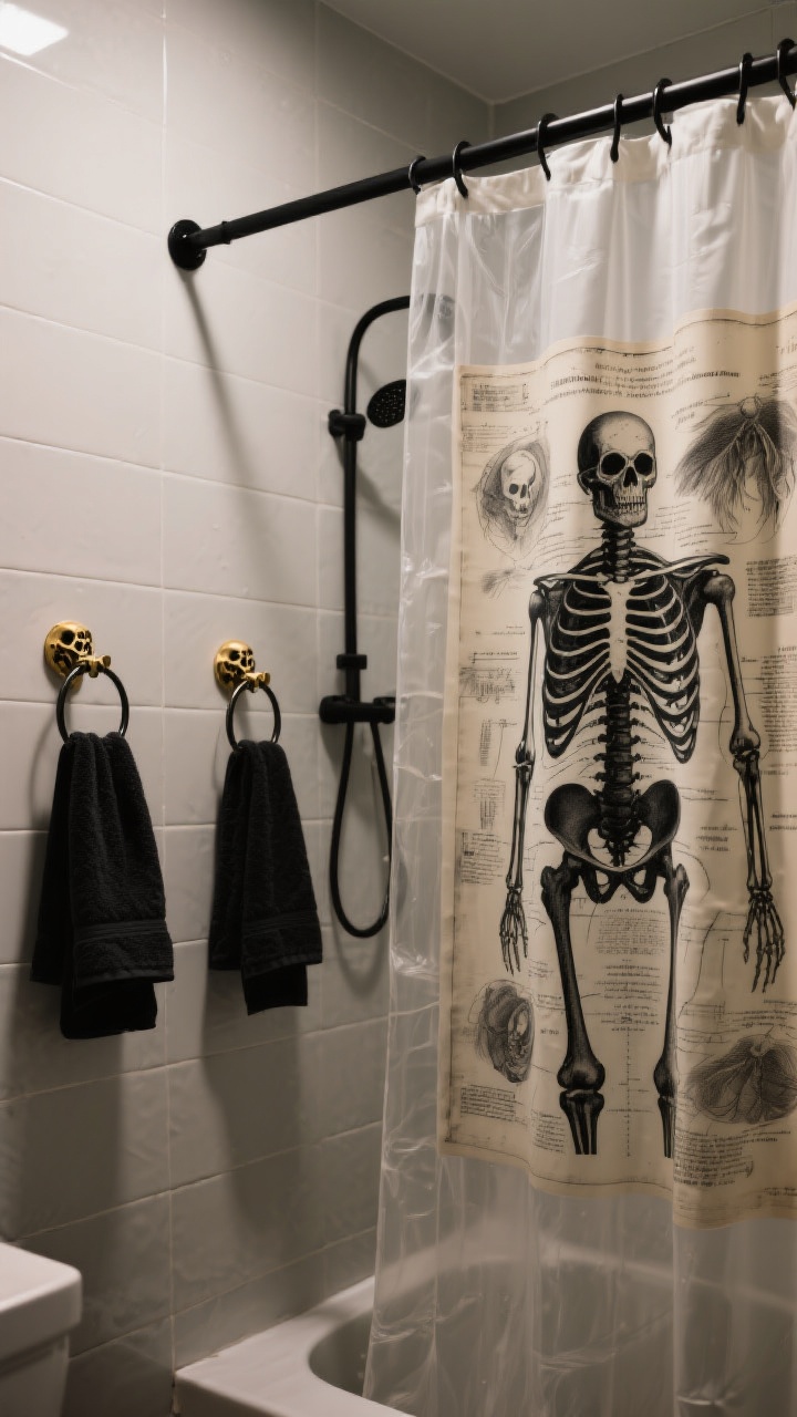 Photorealistic medium shot of a bathroom shower area featuring a bold spooky shower curtain: vintage anatomy diagram print in black and cream, layered with a clear outer curtain for depth; matte black curtain rod with black matte hooks and a few brass skull clip accents; double-hook rings holding black hand towels behind the curtain; neutral tile walls and soft, even bathroom lighting; moody, slightly dramatic vibe, no people.